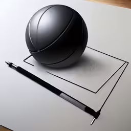 a black basketball sits on top of a sheet of paper
