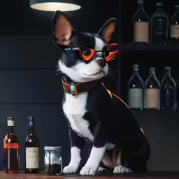there is a small black and white dog wearing sunglasses