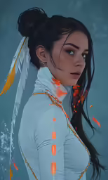 a portrait of a girl wearing a white blouse and feathers