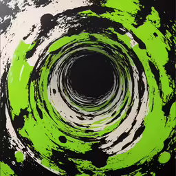 a circular painting made of black, white and green colors