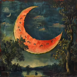 a painting with a half moon and trees,a watermelon half sliced in the middle of a painting