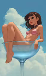 cartoon drawing of a young woman in a bikini lying in the water
