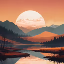 a painting with mountains and the sun going down,an orange sunset with some trees and mountains