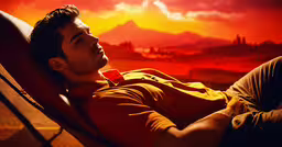 a man laying in a chair looking at the sky,a man laying on top of a red couch under a sunset
