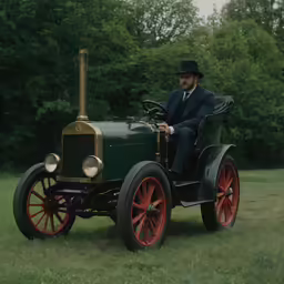 a man sits in an old fashioned car as it drives