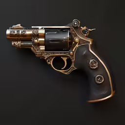 a gold and black pistol is shown on a dark background