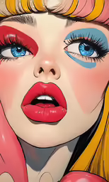 an artistic woman with red hair and large blue eyes