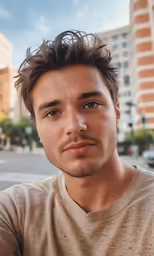 a man wearing a tan shirt and posing for a photo