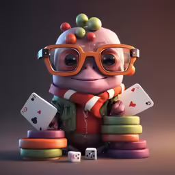 a character with glasses holding cards and stacks of dices