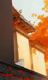 a tree is behind the wall that is covered with blood
