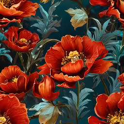 red flowers with blue leaves on green background