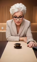 a person sitting at a table with a cup and phone