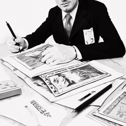 a man with glasses and a suit sitting at a table holding a pen