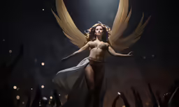 a woman in a very sexy bikini is dancing with wings