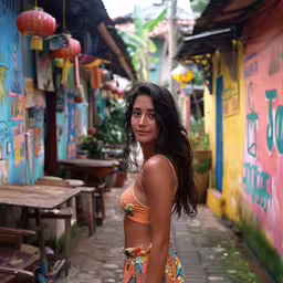 young girl in floral bathing suit walking through colorful buildings,a girl in a bikini standing in the street