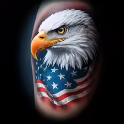 an eagle with a flag on his face