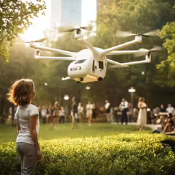 a girl looks up at the camera as she flies a white quad quad quad rotor