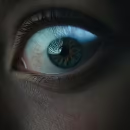an eye with a brown, yellow and blue iris