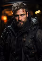 a man with a goatee and beard in a black jacket,a bearded man wearing a black leather jacket and dark fur