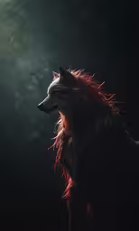 a small furry dog in a dark field with light coming through