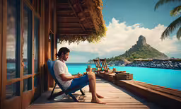 a man that is sitting down by some water,man sitting on deck with blue ocean and blue sky