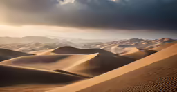 desert with dark clouds and the sun shining through