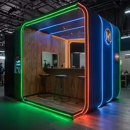 a colorful display booth at a show with neon lights