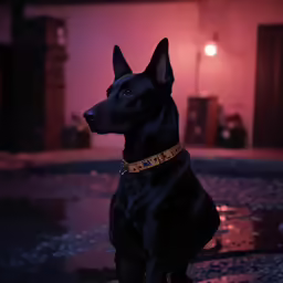 a dog with a collar in front of a building