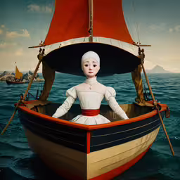 a doll is sitting in a small boat,there is an image of a woman sitting on a boat