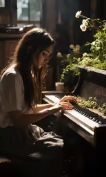 young woman playing the piano in a rustic home