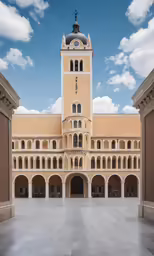 the large building has two tall towers at the top