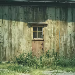 an abandoned house with boarded up windows and overgrown grass