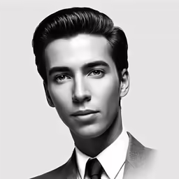 a black and white photo of a man wearing a suit and tie