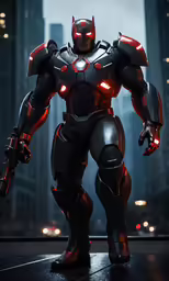 a man in a suit and armor standing near a city