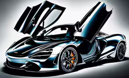the rear end of a black and silver sports car,the black sports car is sitting on the ground