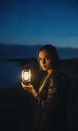 a girl holds a lantern lit by the moon