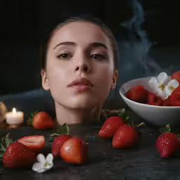 a woman with smoke and strawberries surrounding her