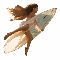 a woman dressed in sheers carries a surfboard