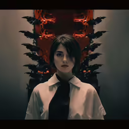 a woman with short dark hair wearing a shirt and tie