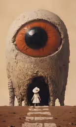 a photo of a child standing in the entrance to a strange looking structure