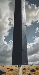 two people are walking toward the tall tower in the field