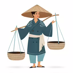 woman carrying large bowls on their shoulders and holding wooden asian baskets