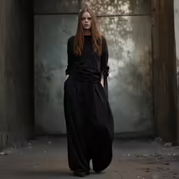 a woman is walking down an alley way