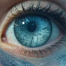 a close up of an blue eye, blue - green eyes