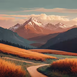 an image of mountains and grassland in the mountains,a scenic landscape showing the mountains, grass and path