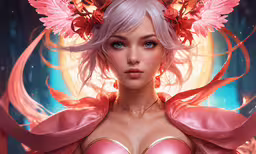 a young girl with pink hair wearing a pink outfit,a painting of a woman with pink hair wearing a pink outfit