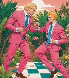 a picture of two men in suits and ties,a painting of two men dancing together