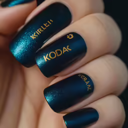 a hand holds a black and gold nail polish