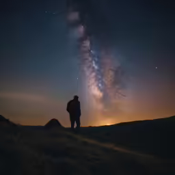 man standing on the top of a hill looking up at the night sky