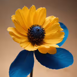 a yellow and blue flower with big petals,yellow and blue flower with leaves on brown background